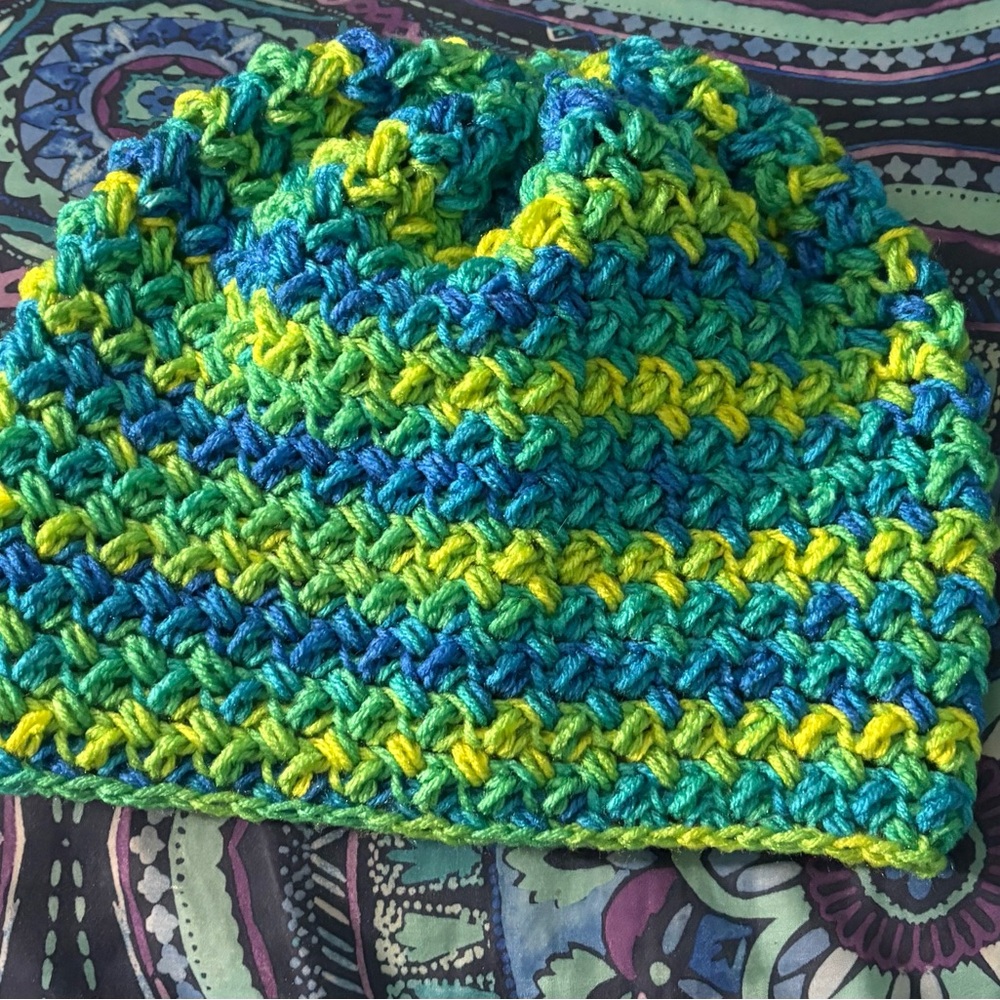 Handmade Crochet Beanie - Blue, Green & Yellow
